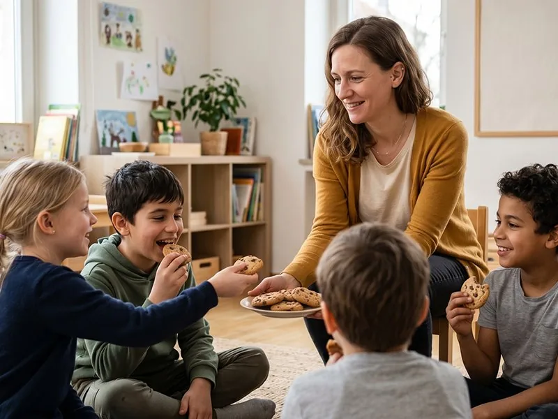 Erzieherin reicht Kindern an der Montessori-Schule selbstgebackene Kekse